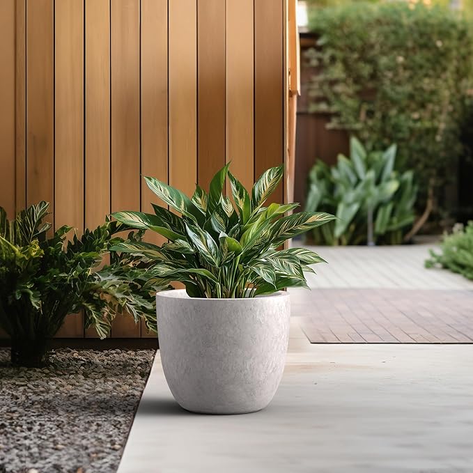 Kante 14 Inch Dia Round Concrete Planter, Indoor Outdoor Large Plant Pot with Drainage Hole and Rubber Plug for Home Patio Garden, Light Gray