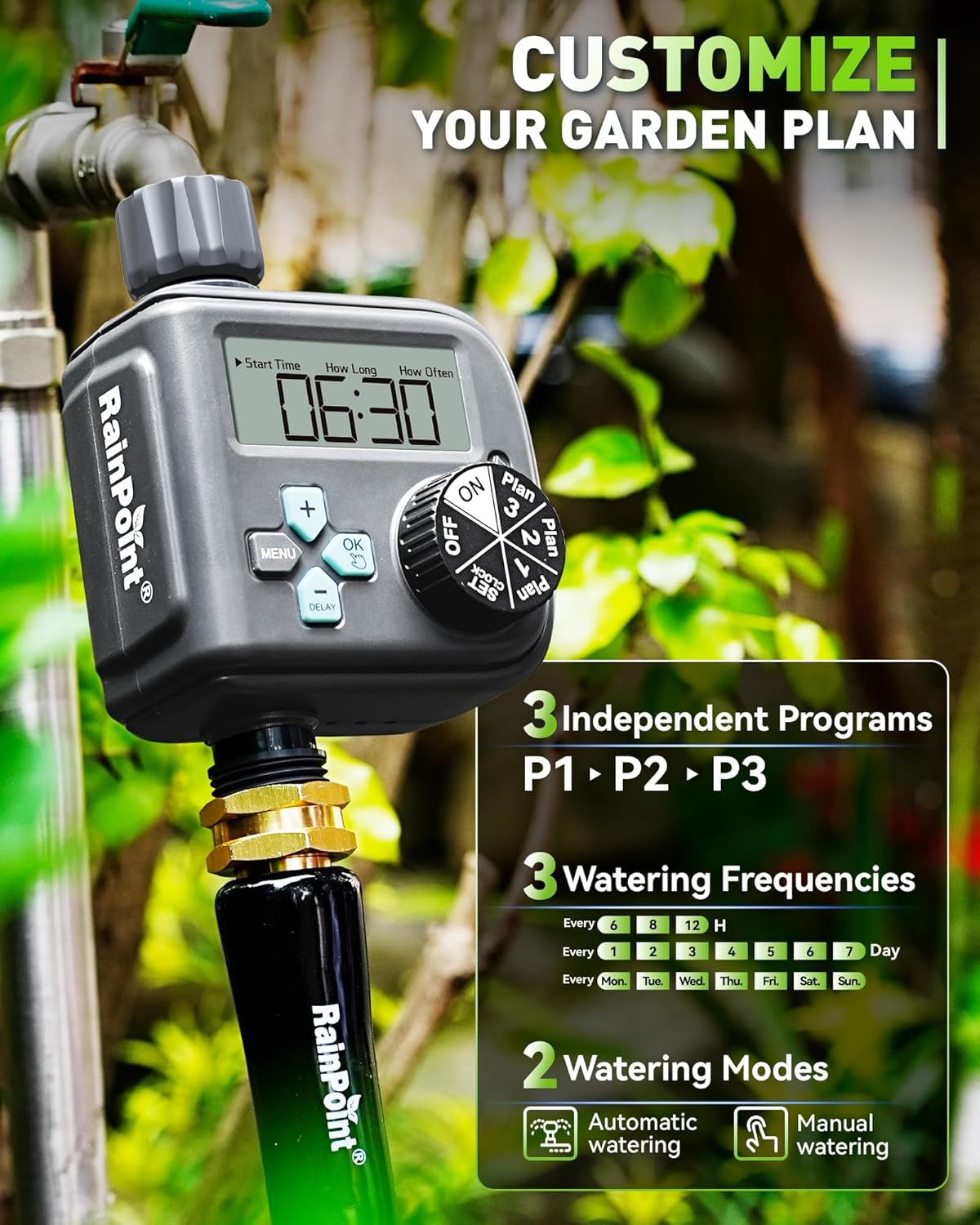 RAINPOINT Sprinkler Timer with 3 Independent Programs, Hose Timer with Rain Delay/Manual/Automatic Irrigation System, Watering Timer for Garden, Lawn, Yard