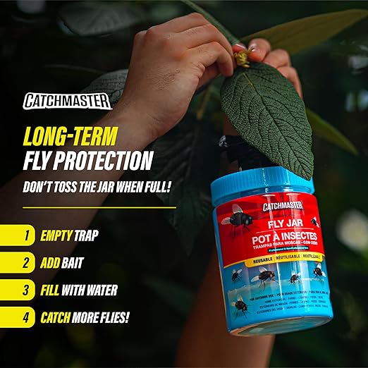 Catchmaster Outdoor Reusable Fly Traps Outdoor with Bait Included – 6 Non-Toxic, Pet Safe Hanging Fly Jars – Bug Catchers for Yard, Patio & Trash – Sets Up in Seconds