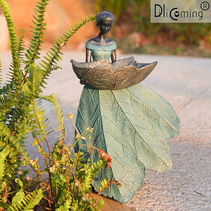 DiliComing Fairy Garden Statue Bird Feeder - 12 Inch Fairy Statue for Home Decoration, Resin Outdoor Statues for Garden Decoration, Best Bird Feeder Garden Gift for Women (Green)