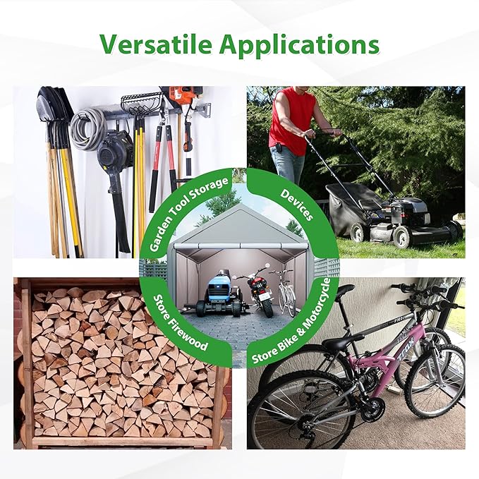 10x10 Ft Portable Outdoor Storage Shed,Bike Shed Storage Tent W/Double Zippers & 4 Tensioners,Carport W/Buckles & 6 Ground Pegs,Car Port Shelter for Garden,Motorcycle Shelter,Lawn,Gray