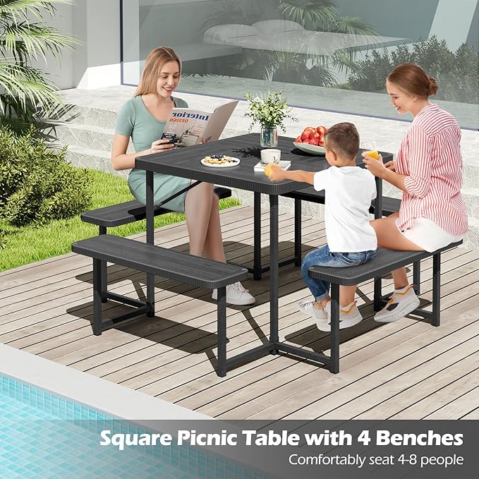 Tangkula 8 Person Picnic Table, HDPE Outdoor Square Table and Bench Set with 4 Built-in Benches, Umbrella Hole, Metal Frame for Garden Yard Patio Lawn