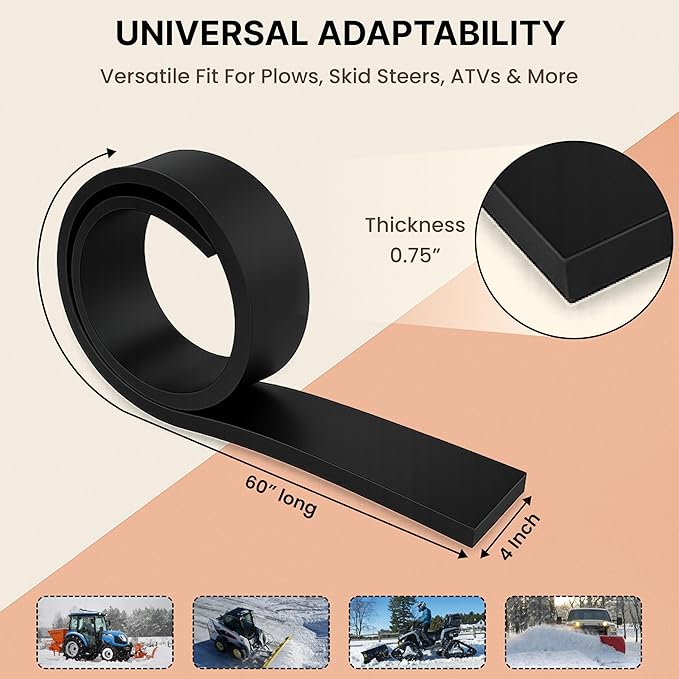 Simond Store- Rubber Cutting Edge for Snow Plow –Heavy Duty 60" x 4" x 0.75" Snow Plow Deflector Smooth & Surface-Safe Snow Clearing - Fit for ATV Tractors, Skid Steers & UTVs Snow Pusher Cutting Edge