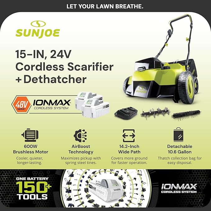 Sun Joe 24V-X2-DTS15 Scarifier and Dethatcher Kit, 5-Depth Positions, 15-inch, Brushless Motor, w/ 2 x 24-V 4.0-Ah Batteries and Dual Port Charger