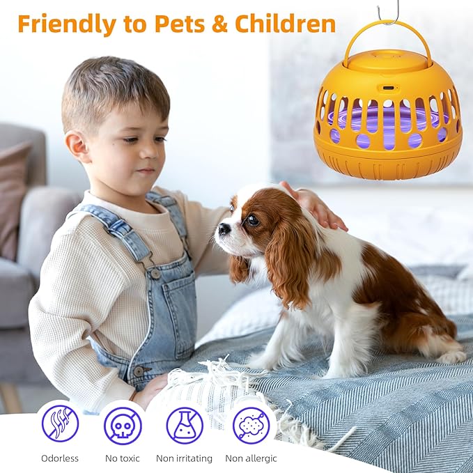 Gnat Trap Indoor, 360° Rechargeable UV Flying Insect Trap for Gnat Flies Housefly Flea, Fruit Fly Killer Trap, Flea Catchers for Inside Home with Sticker & Protective Cover, Friendly to Pets & Kids