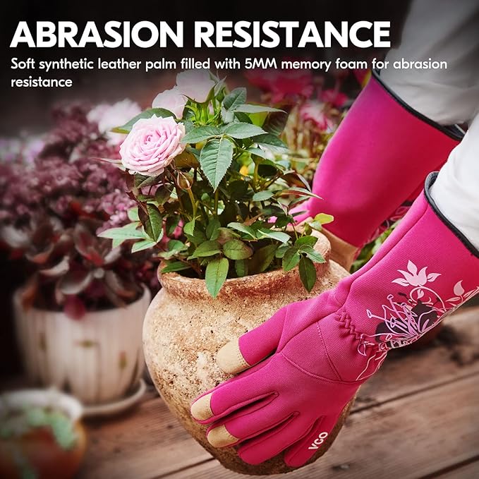 Vgo 1-Pair Ladies' Synthetic Leather Gardening Gloves, Long Sleeves Gauntlet, Breathable & Grip Work Gloves, High Dexterity, Washable (Size L, Red, SL7445)