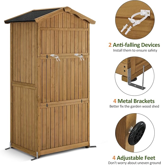 Macrout Outdoor Storage Cabinet, 75 Inches Lockable Wooden Storage Shed with Removable Shelves, Tall Tool Shed with for Yard Patio Lawn, 1165