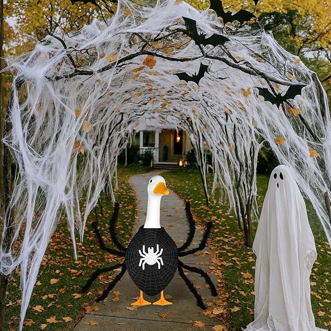 Halloween Spider Porch Goose Outfits 23inch Plastic Cement Goose Statue Costume, Fall Lawn Geese Sculpture Clothes for Garden Yard Patio Party Decoration