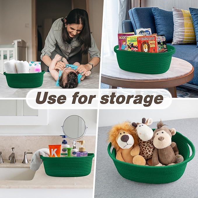 Pro Goleem Small Woven Basket with Gift Bags and Ribbons Durable Baskets for Gifts Empty Small Rope Basket for Storage 12"X 8" X 5" Baby Toy Baskets with Handles, Green