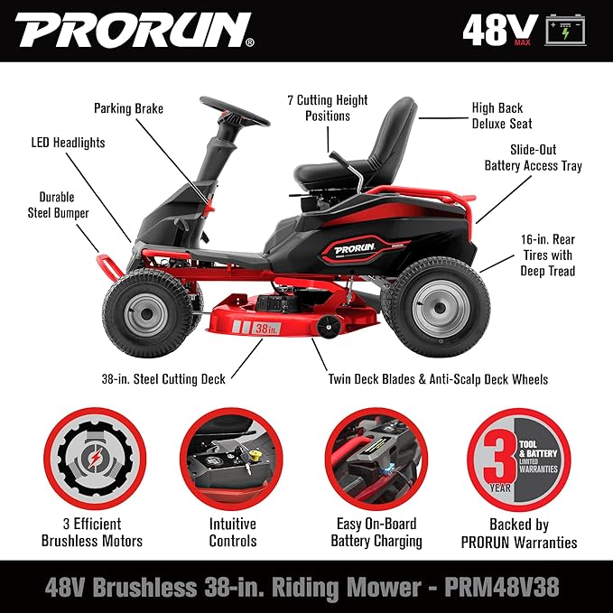 48V 38-in. Steel Deck Brushless Riding Lawn Mower with 75 Ah Battery and Charger