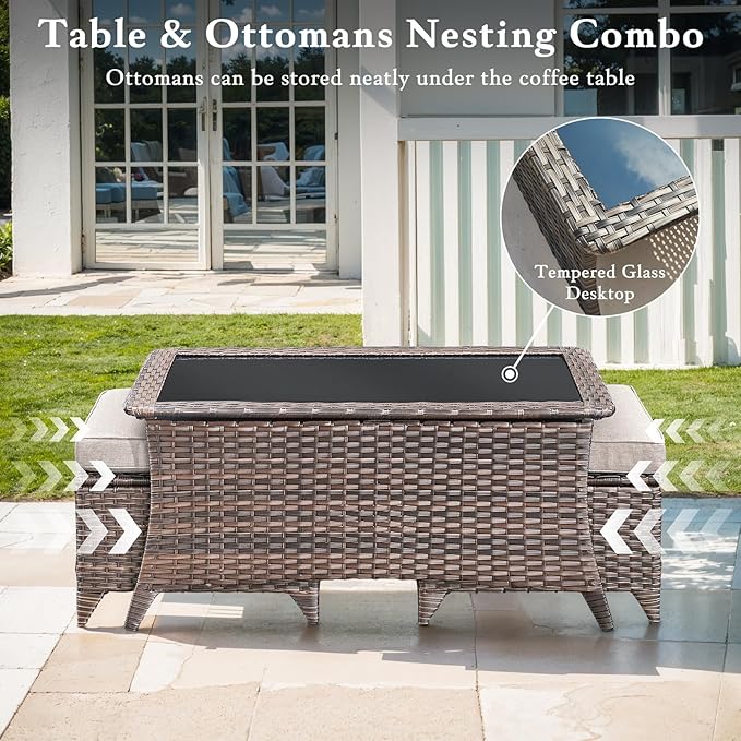 Luxury High Back Outdoor Furniture with 6-inch Extra Thick Cushions, Patio Furniture Set with Swivel Chairs, 10 PCS Wicker Conversation Set for Yard, Deck, Poolside, Brown/Beige