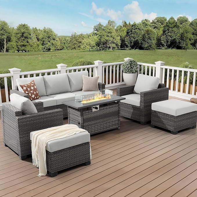 ABCASA Patio Furniture Set with Fire Pit Table, 44" 60,000 BTU Flame Comfortable 8 Piece Wicker Rattan Outdoor Furniture Set with Propane Fire Pit, Patio Conversation Sets for Porch,Deck,Poolside,Grey