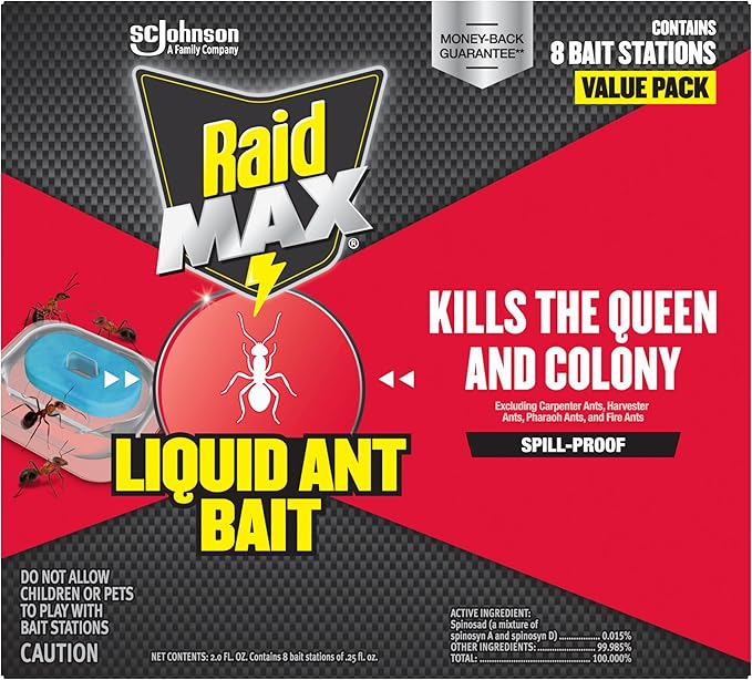 Raid Max Liquid Ant Bait; Kills Ants Where They Breed, for Indoor and Outdoor Use; 8 Bait Stations