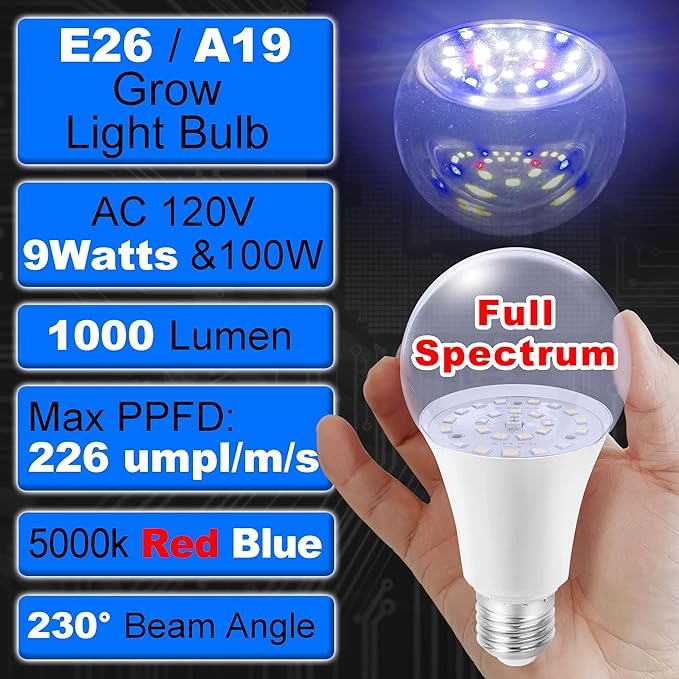 Full Spectrum Grow Light Bulbs 9W E26 A19 Sun Plant Growing Bulb 100W Equivalent with 5000K Red Blue LEDs for Indoor Small Plants Growing, Indoor Greenhouse, Indore Garden, Hydroponics, School, 1 Pack
