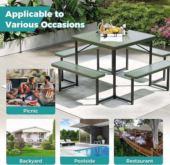 Giantex Picnic Table Bench Set for 4-8 People, 34" Outdoor Square Dining Table & 2 Benches w/Umbrella Hole, HDPE Tabletop, Metal Frame, Patio Camping Furniture for Backyard Porch Lawn (Green,Square)