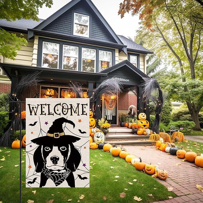 Halloween Garden Flag Beagle Cobweb Bats Double Sided Vertical Welcome Flag Seasonal Holiday Outdoor Yard Lawn Party Decorations 12.5 x 18 Inch