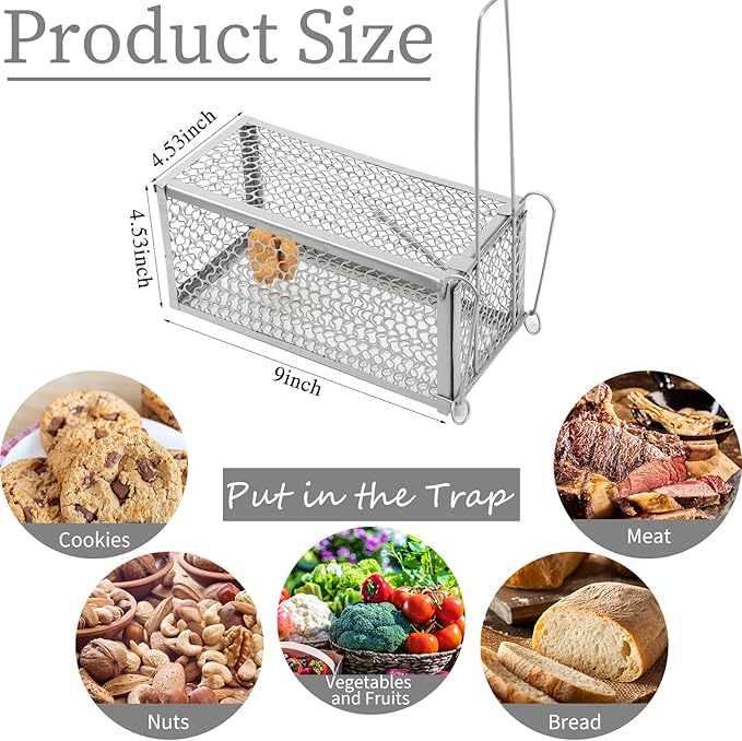 Qualirey 2 Pcs Humane Rat Trap Chipmunk Rodent Mouse Squirrel Trap Small Live Animal Mouse Voles Hamsters Live Cage Rat Mouse Cage for Mice Easy to Catch and Release (Silver)