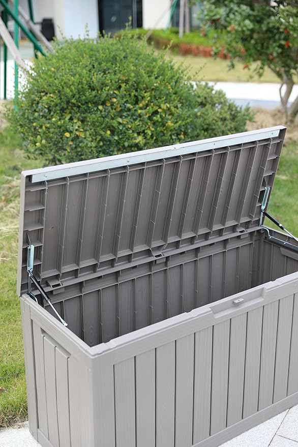 BTEXPERT 80 Gallon Deck Box Outdoor Storage Container with Steel Insert for Patio Furniture Garden Tools Cushions Pool Supplies Sports Equipment Waterproof Lockable UV Resistant Resin