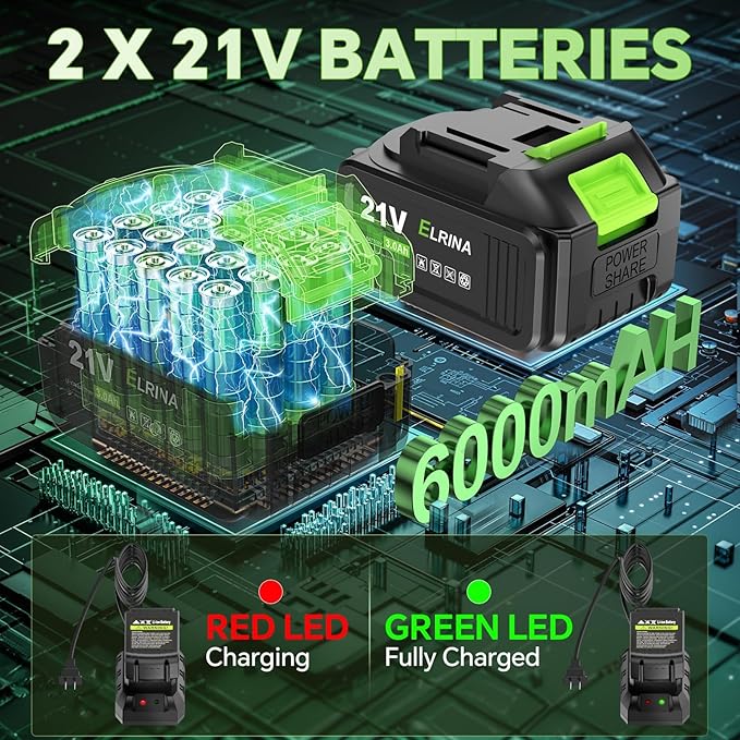 ELRINA Leaf Blower Cordless with 2 x 3.0Ah Batteries and Charger, 6-Speed Mode Lightweight Electric Blowers for Lawn Care, Yard Cleaning, Blowing Leaves, Dust, Snow Green, with Shoulder Straps