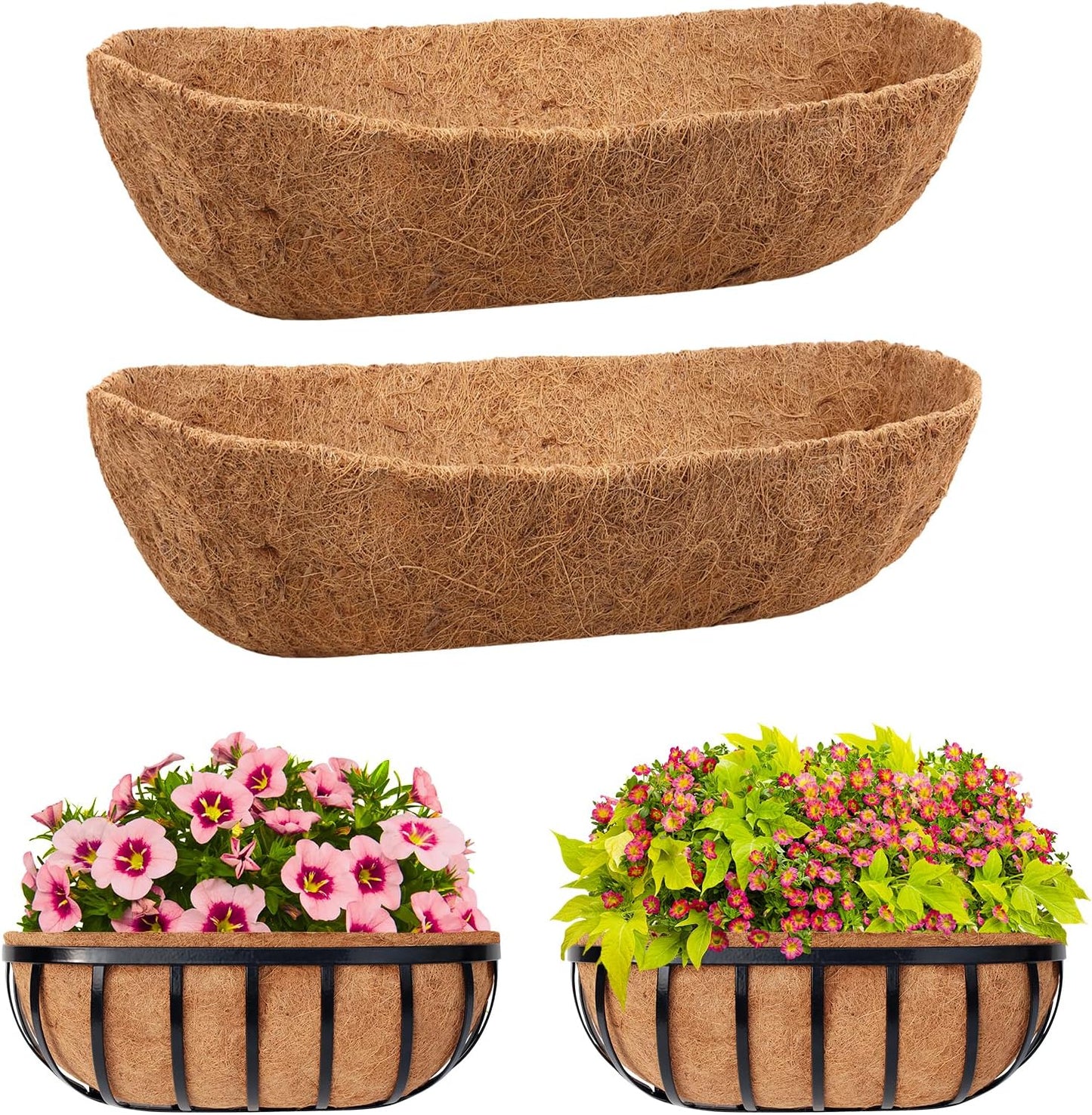 Riare 2 Pack 30 Inch Trough Coco Coir Liners for Planters, Pre-Formed Coconut Coir Replacement Liner Natural Coco Fiber Window Box Liners for Wall Planter, Window Basket Deck Railing Planter