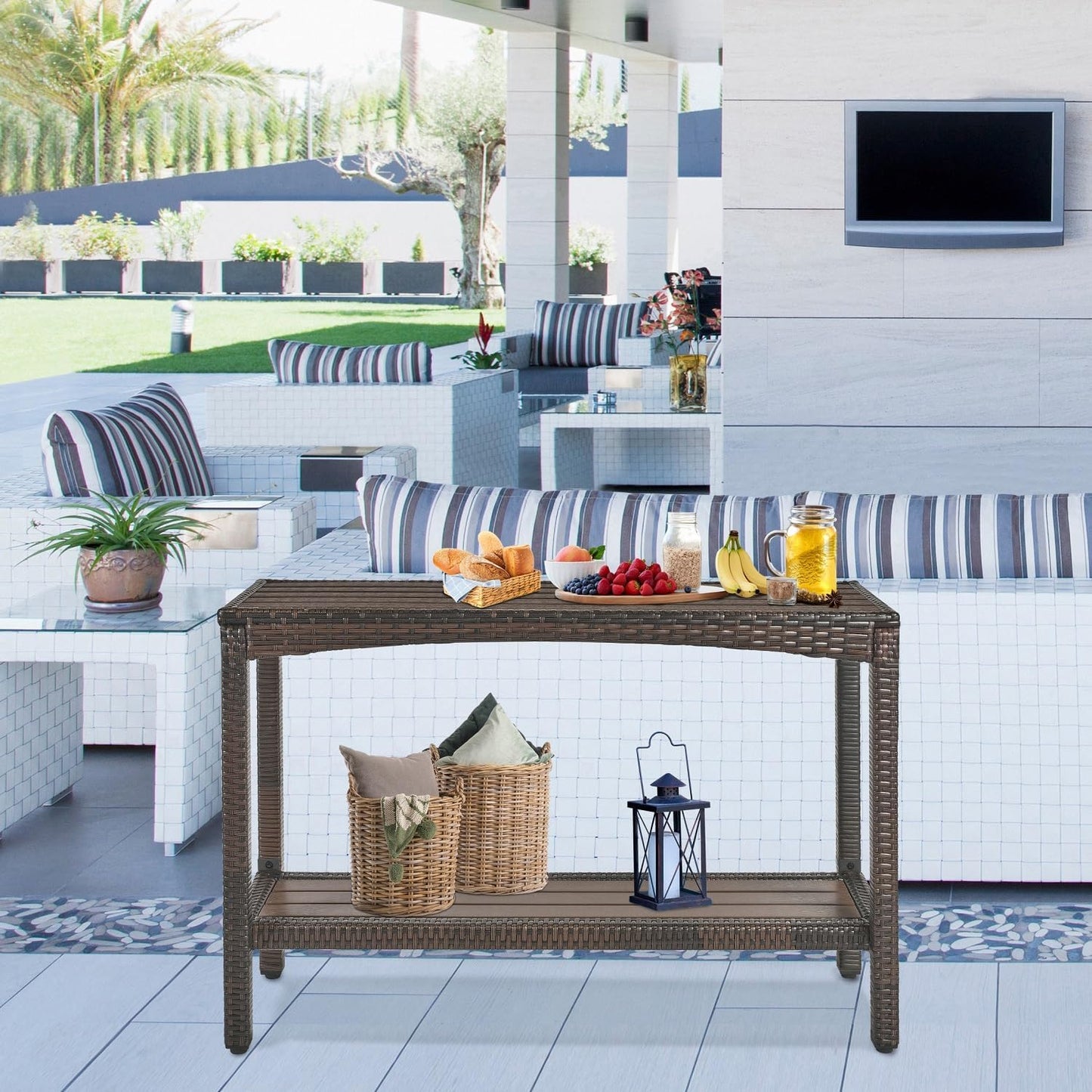 Outdoor Console Table Patio Buffet Bar Storage Organizer 45" Long Wicker Sofa Serving Sideboard Table 2-Shelf Outdoor Bar Table Tall Rectangle Narrow with Adjustable Feet for Entryway Balcony Brown