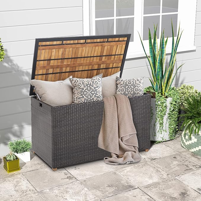HAPPYGRILL 134 Gallon Rattan Deck Box, Patio Wicker Storage Box with Zippered Liner, Solid Acacia Wood Top & Feet, Effort-Saving Pneumatic Rod, Outdoor Storage Container for Porch Backyard