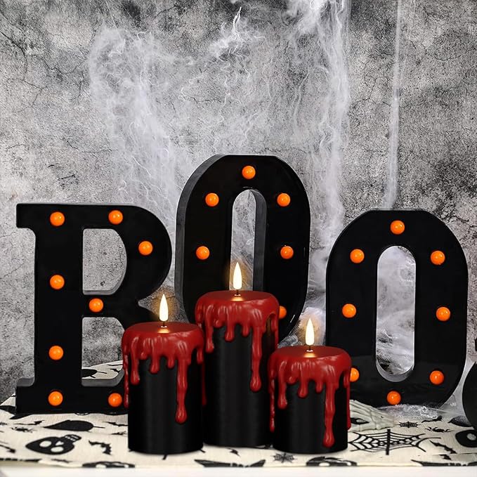 Eldnacele Black Flameless Pillar Candles Battery Operated with 6H Timer, Red Real Wax Dripping Effect 3D Wick Flickering LED Candle Lights Dinner Halloween Decoration(3 Pack, 3 x 4,5,6 Inches)