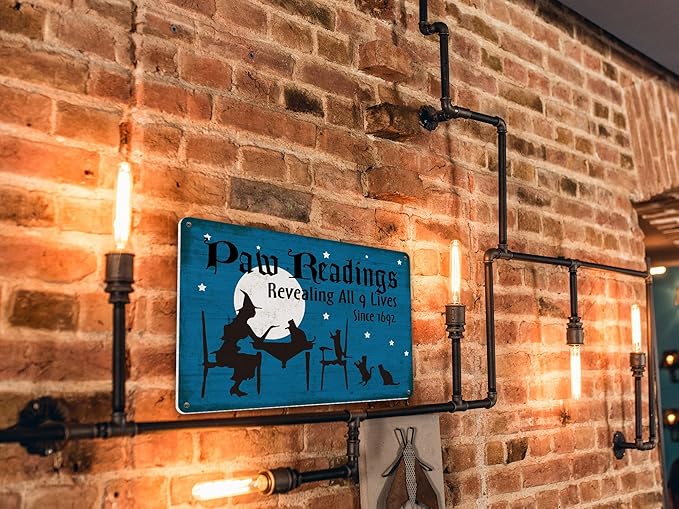 Halloween Decor Paw Readings 9 Lives Black Cats Withces Goth Decor Metal Sign Vintage Tin Sign Party Decoration 8X12 Inch