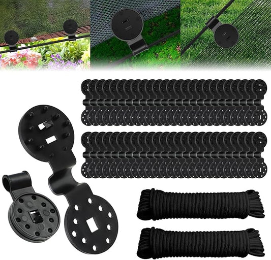 50PCS Shade Cloth Plastic Clips Heavy Duty Lock Grips with Rope, Round Plastic Black Clips Sunshade Net Fixing Clip, Shade Fabric Clips for Bird Netting, Garden Netting (50PCS+Nylon Rope)