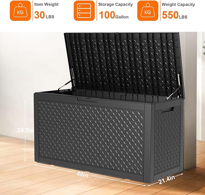 ROJIK Outdoor Storage Housing Deck Box - Waterproof Patio Furniture, Garden Tools, Cushions, Pool Accessories Storage Bench with Lockable Lid and Side Handles (Black pattern,100 Gal)