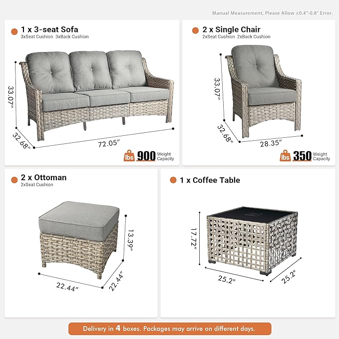 6 Pieces Patio Outdoor Furniture Set,All Weather Wicker Rattan Patio Seating Sofa and Chair Set w/Ottoman and Glowing Coffee Table,Outdoor Conversation Sets for Deck Yard Garden,Dark Grey