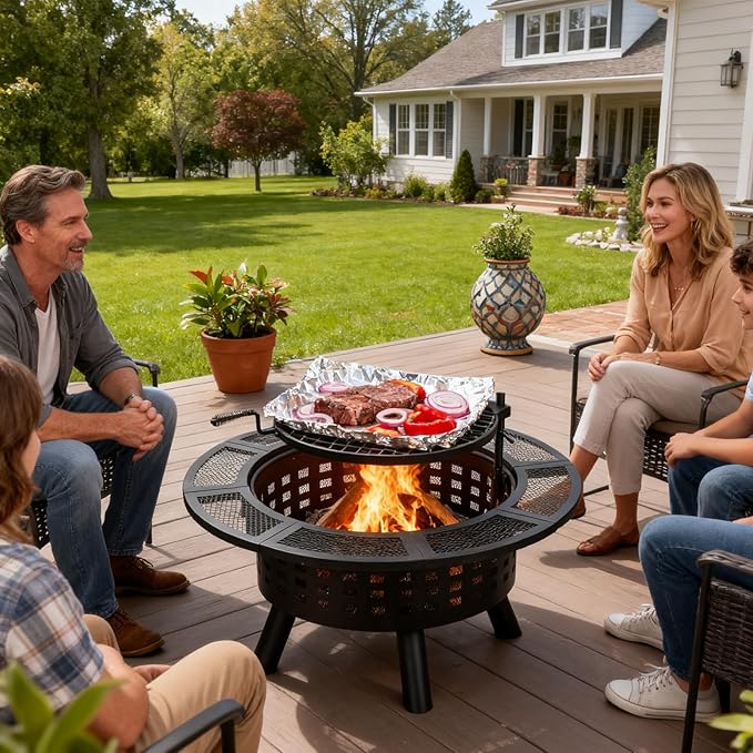 36 inch Outdoor Fire Pit with Grill,Wood Burning Firepits for Outside with Lid & Fire Poker,Metal 3-in-1 Fire Pit Table with Cooking Grate,Outdoor Fireplaces for Bonfire,Yard,BBQ（Jet Black）