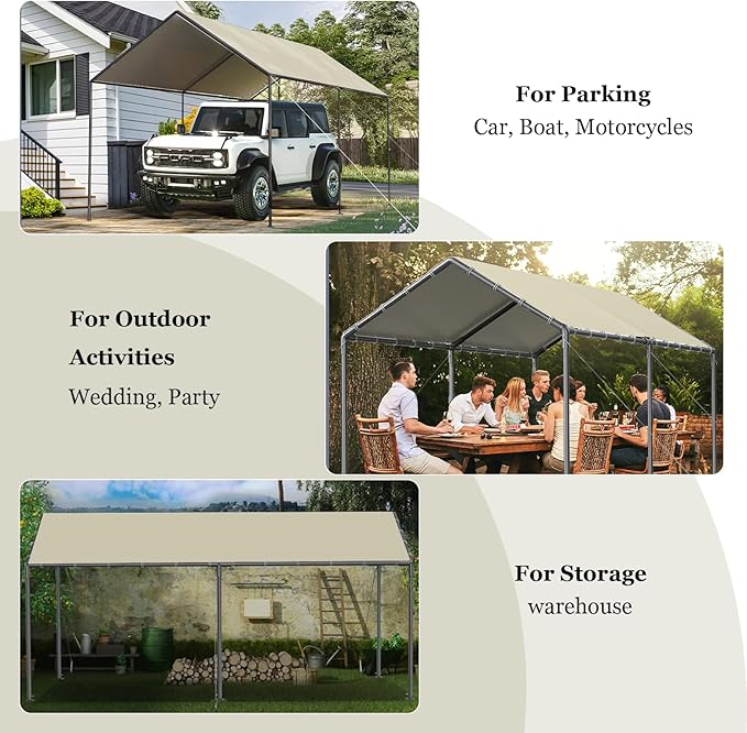 Carport, 10x20ft Heavy Duty Portable Garage, Car Port with Storage Shed, Car Canopy Car Tent with Steel Frame All-Season Tarp for Car, Truck, Boat, Party (B-Rice)