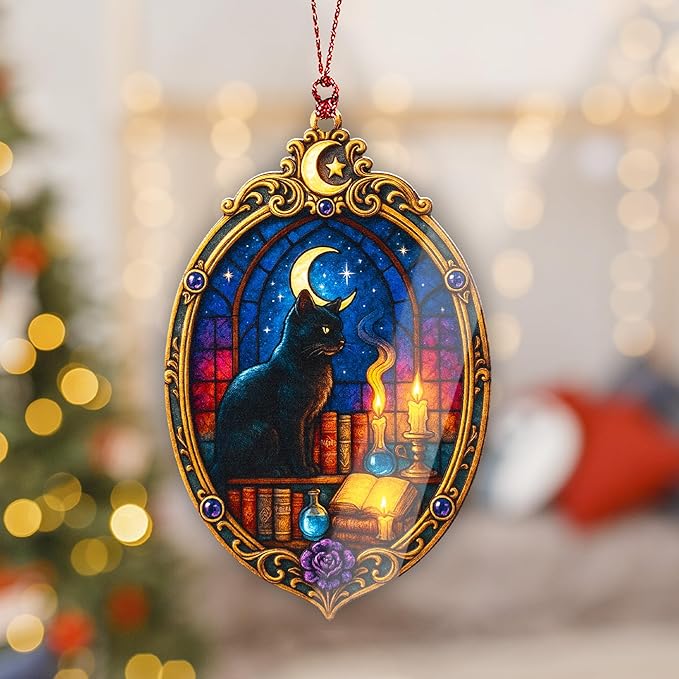 Mystic Black Cat Ornament – black cat – witch gifts – gothic decor – christmas ornament – Suncatcher effect window hanging – Car Hanging