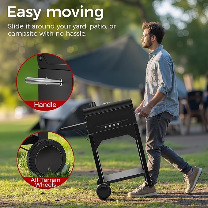 Charcoal Grill, Outdoor BBQ Grill with Side Table and Grease Tray, Double Layer Heavy-duty Steel Smoker Grill with Thermometer and Wheels for Outdoor Picnic, Patio, Backyard, Camping Cooking, Black