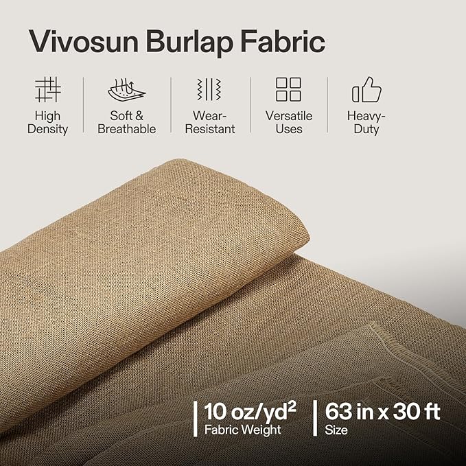 VIVOSUN 63 in x 30 ft Premium Burlap Fabric, 10 oz Heavy Duty High Density Natural Jute Fiber, Multipurpose Burlap for Gardening, Outdoor Plant Care, Weed Barrier, DIY Crafts, and Decoration