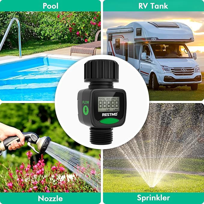 RESTMO Water Flow Meter, High Measure Accuracy, Measure Gallon/Liter Consumption and Flow Rate for Outdoor Garden Hose Watering, RV Water Tank Filling, Lawn Sprinkler and Nozzle Sprayer