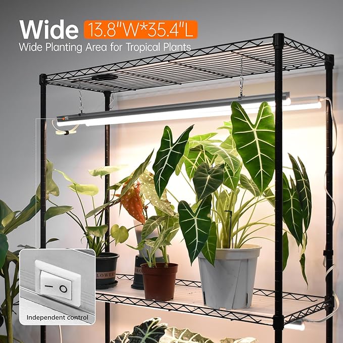 Plant Shelf with Grow Light with Timer, Tall Plant Stand with Adjustable Rack and Wheels, 6 Pack T5 3FT Full Spectrum Grow Lights for Indoor Plants, Seed Starting, Seed Tray, 35.4"x13.8"x70.8"