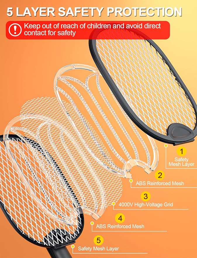 Electric Fly Swatter Foldable Bug Zapper Racket with 4000V 1800mAh Rechargeable Battery 5-Layer Safety Mesh Dual Modes with Mosquito Light Suitable for Indoor or Outdoor Use(Black)