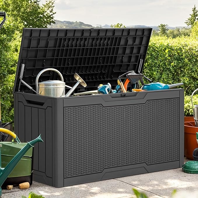 YITAHOME 80 Gallon Outdoor Storage Box, Large Water Resistant Resin Deck Box, Indoor Outdoor Lockable Rattan Storage Container for Patio, Garden, Cushions, Tools, Equipment (Dark Gray)