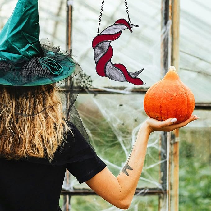 Stained Glass Red Snake on Moon Decor Window Hangings Ornament, Gothic Snake Suncatcher Halloween Decorations, Handmade Stained Glass Gifts Sun Catchers Indoor Window Home Decor.