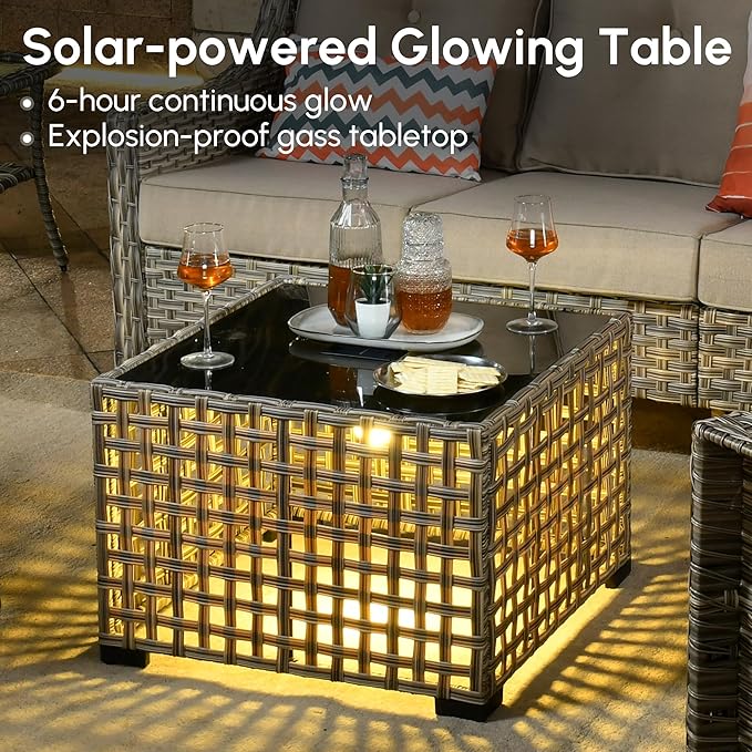 5 Pieces Patio Outdoor Furniture Set with Swivel Rocking Chairs,All Weather Wicker Rattan Patio Seating Sofa and Chair Set w/Glowing Table,Outdoor Conversation Sets for Deck Yard Garden,Beige