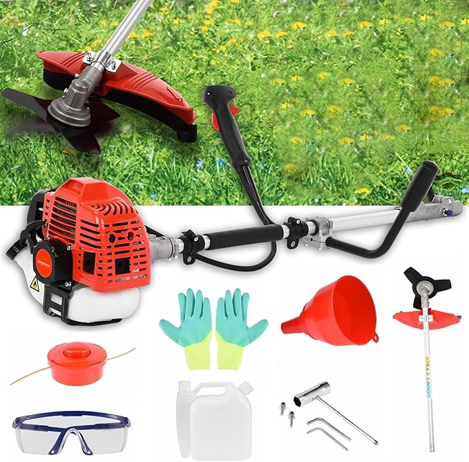 52cc 2-Stroke Gas Weed Wacker | 2-in-1 Cordless Gas Lawn Mower | 2.2KW/8500RPM String Trimmer | for Villa Garden Community Lawn Park Red