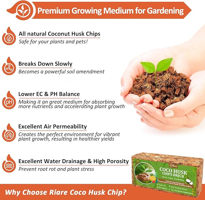 Riare 2 Pack Coco Chips Substrate for Plants- 2.2lb 100% Organic Coconut Husk Brick with Low EC and pH Balanced, High Expansion Coconut Substrate Coco Husk Mulch for Garden Flowers, Herbs, Planting