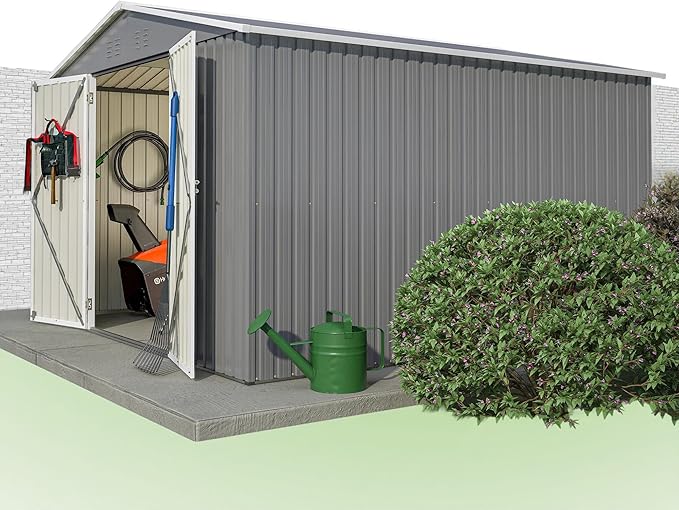 10X10 FT Outdoor Tool Storage Shed with Metal Foundation & Lockable Doors, All Weather Metal Sheds for Garden, Patio, Backyard, Lawn, Gray