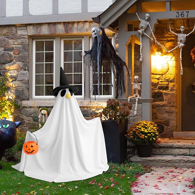 Watayo 2 Pcs/Set Halloween Ghost Porch Goose Outfits, Lawn Goose Statue Ghost Costume, Garden Goose Ghosts Clothes with Pumpkin Bucket for 23" Statue Halloween Fall Outdoor Patio Yard Decoration