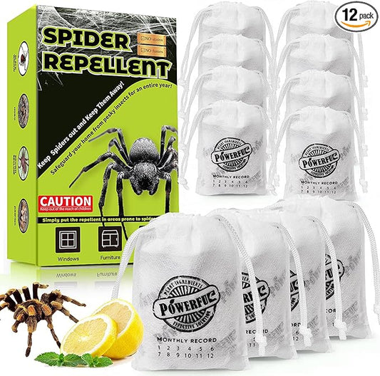 12 Pack Long-Lasting Spider Repellent Pouches - Natural Peppermint & Lemongrass Oil Blend, Indoor/Outdoor Pest Control for Closets, Attics, Garages, RVs (60 Day Protection)