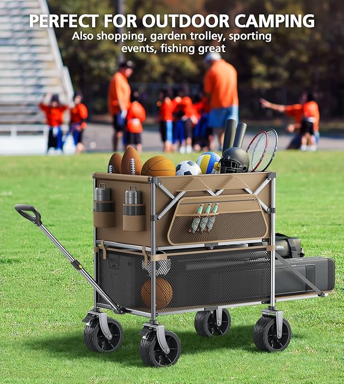 Sports Wagon Carts,480Lbs Double Decker Wagon,Foldable Lounge Wagon with Tank Wheels&Side Pocket&Dustbag,New Wave Garden,Camping,Shopping,Beach Wagon to Family Trips and Outdoors Time-Brown