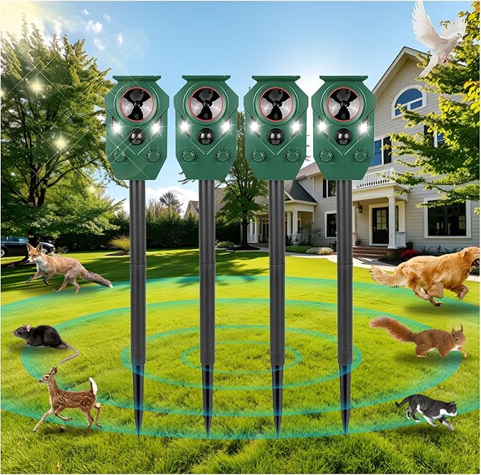 4 Pack Solar Ultrasonic Animal Repeller Outdoor – Motion Sensor Activated Deer Repellent with Flashing Lights & Sound, IP65 Waterproof, Deterrent for Cats, Dogs, Raccoons, Skunks, Birds