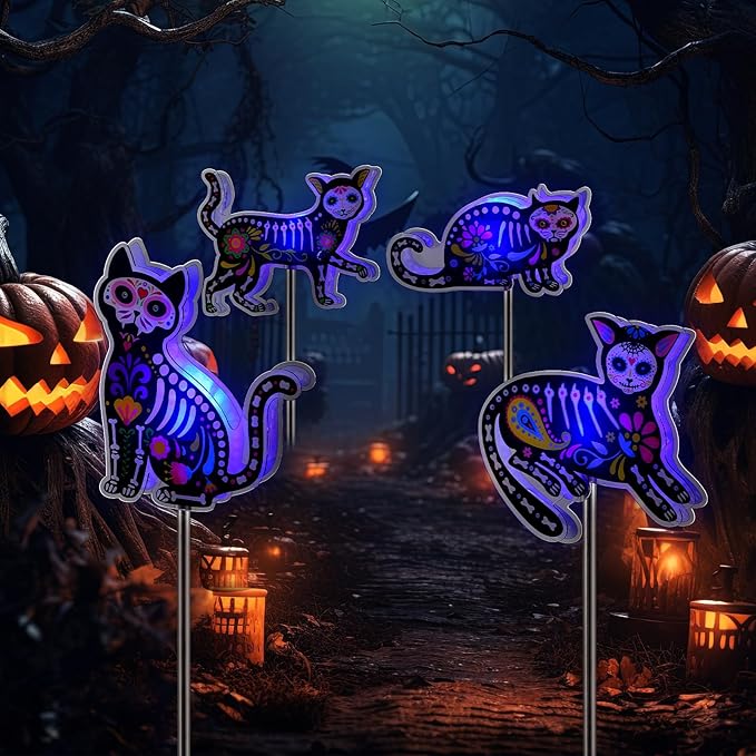 Retisee 4 Pack Halloween Black Cat Solar Lights Outdoors Solar Cat Lamp Yard Decorations Halloween Party Favors Waterproof Lights for Pathway Lawn Porch Warm White LED